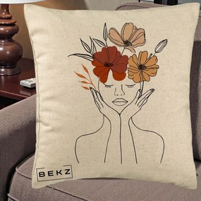 Perna Decorativa Portret Feminin Coroana Trei Flori, 40x40 cm, Bej, Husa Detasabila, Perna Inclusa, BEKZ®
