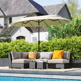 Outsunny Umbrelă Dublă Înclinabilă cu Manivelă, Lumini LED, Bază în Cruce şi Orificii de Ventilaţie, 295x150 cm, Alb Crem | Aosom Romania