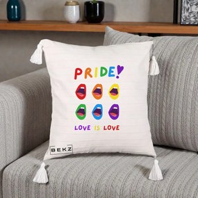 Perna Personalizata Pride Love is Love Curcubeu, 40x40 cm, Bej cu Franjuri, Husa Detasabila, Perna Inclusa, BEKZ®