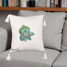 Perna Personalizata Bulbasaur Pokemon, 40x40 cm, Bej cu Franjuri, Husa Detasabila, Perna Inclusa, BEKZ®