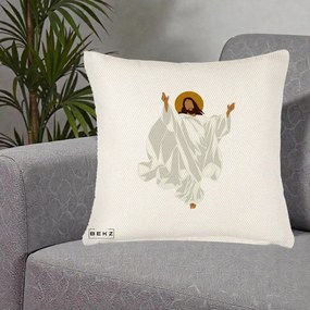 Perna Decorativa Iisus Hristos Invierea Silueta Minimalista, 40x40 cm, Crem Reliefat, Husa Detasabila, Perna Inclusa, BEKZ®