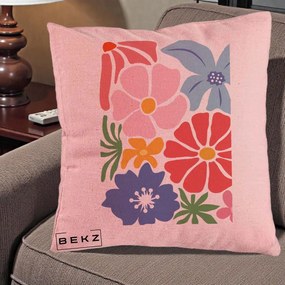Perna Decorativa Flori Grafice Roz-Rosu-Albastru, 40x40 cm, Roz, Husa Detasabila, Perna Inclusa, BEKZ®