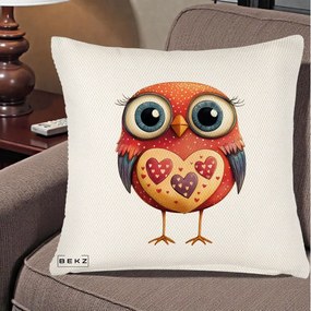 Perna Decorativa Bufnita Rosie cu Inimi Aurii, 40x40 cm, Crem Reliefat, Husa Detasabila, Perna Inclusa, BEKZ®