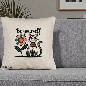 Perna Personalizata Be Yourself Pisica Folk, 40x40 cm, Bej Canapea, Husa Detasabila, Perna Inclusa, BEKZ®