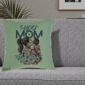 Cadou pentru Mama - Perna Personalizata Super Mom Mama cu Bebelusul, 40x40 cm, Verde, Husa Detasabila, Perna Inclusa, BEKZ®