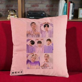 Perna Personalizata K-pop BTS Colaj 7 Portrete cu Inimi Lila, 40x40 cm, Roz, Husa Detasabila, Perna Inclusa, BEKZ®