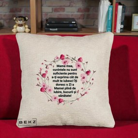 Cadou pentru Mama - Perna Personalizata Mama Mea Mesaj Floral, 40x40 cm, Bej Canapea, Husa Detasabila, Perna Inclusa, BEKZ®