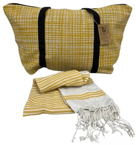Set stilat geanta de plaja + prosop HAMAM 75x150 cm, galben ocru, 100% bumbac organic