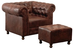 Fotoliu CHESTERFIELD cu taburet si arcuri, maro inchis, 105x90x80 cm