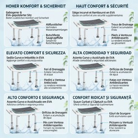 HOMCOM Scaun de Duș din Aluminiu și Plastic Antialunecare, Înălțime Reglabilă 6 Niveluri 39-52cm, Gri | Aosom Romania