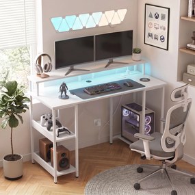 HOMCOM Birou pentru Computer Reversibil cu Rafturi, 120x50 cm, cu Prize și Lumini LED, Alb cu Efect de Lemn | Aosom Romania