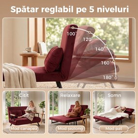HOMCOM Canapea extensibilă 3 în 1, efect catifea, cu spătar reglabil și 2 perne, 102 x 73 x 81 cm, roșu vișiniu | Aosom Romania