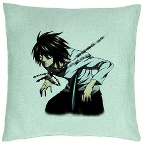 Perna Decorativa cu Death Note L, 40x40 cm, Verde Menta, Husa Detasabila, Burduf