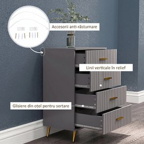 HOMCOM Comodă Modernă cu 4 Sertare, Unitate Sertar Depozitare cu Picioare din Aluminiu, 60x40x90 cm, Gri Închis