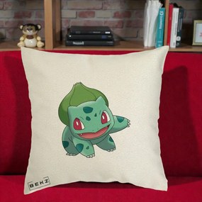 Perna Personalizata Bulbasaur Pokemon, 40x40 cm, Ecru, Husa Detasabila, Perna Inclusa, BEKZ®