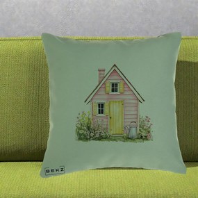 Perna Decorativa Casuta Roz Acuarela cu Gradina, 40x40 cm, Verde, Husa Detasabila, Perna Inclusa, BEKZ®