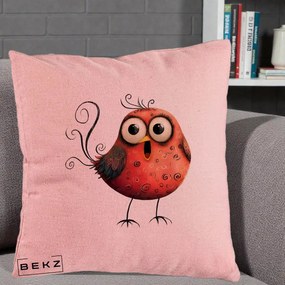 Perna Decorativa Pasare Rosie Exuberanta cu Spirale, 40x40 cm, Roz, Husa Detasabila, Perna Inclusa, BEKZ®