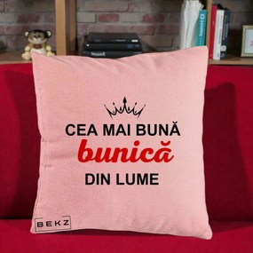 Cadou pentru Bunica - Perna Personalizata Cea Mai Buna Bunica Din Lume Coroana Neagra, 40x40 cm, Roz, Husa Detasabila, Perna Inclusa, BEKZ®