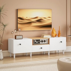 HOMCOM Mobilier TV, Suport TV până la 70" cu 2 Uși Rabatabile, Balamale Soft Close, Sertar, Raft Deschis, 8 Picioare pentru Sufragerie, Dormitor, 150x35x45 cm, Alb și Culoare Lemn | Aosom Romania