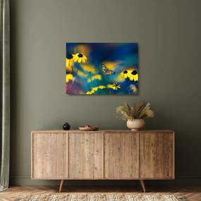Tablou pe sticlă - Fluture galben și flori (70x50 cm)
