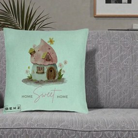 Perna Decorativa Home Sweet Home Casuta, 40x40 cm, Verde Menta, Husa Detasabila, Perna Inclusa, BEKZ®