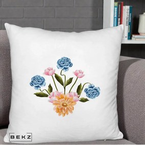 Perna Decorativa Buchet Primavara Acuarela, 40x40 cm, Alb Pufos, Husa Detasabila, Perna Inclusa, BEKZ®