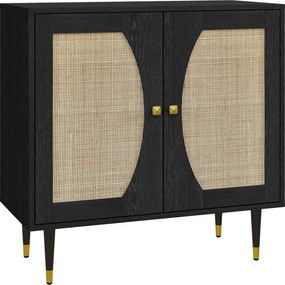 HOMCOM Bufet de bucătărie mobilier de depozitare design boem cu dublă uși și 2 nivele, fațadă din răchită 80 x 38 x 79 cm negru | Aosom Romania