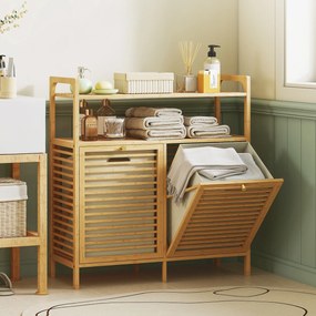 HOMCOM Mobilier pentru Rufe de Baie cu 2 Compartimente Basculante, 82L, Suport pentru Rufe Murdare din Bambus cu Coșuri Detașabile și Lavabile și 2 Rafturi, pentru Spălătorie și Baie, 82x33x88 cm, Culoare Lemn | Aosom Romania