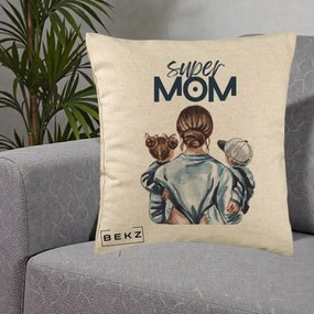 Cadou pentru Mama - Perna Personalizata Super Mom, 40x40 cm, Bej, Husa Detasabila, Perna Inclusa, BEKZ®