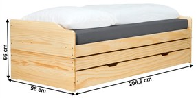 Pat cu module suplimentare extensibile, culoare naturala, lemn masiv, 90x200, FLOPY