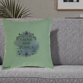 Cadou pentru Bunica - Perna Personalizata Cea Mai Buna Bunica Flori Mov Acuarela Auriu, 40x40 cm, Verde, Husa Detasabila, Perna Inclusa, BEKZ®