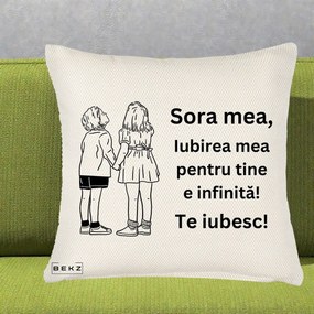 Cadou pentru Sora - Perna Personalizata Sora Mea Te Iubesc Copii Tinand Maini Line Art, 40x40 cm, Crem Reliefat, Husa Detasabila, Perna Inclusa, BEKZ®