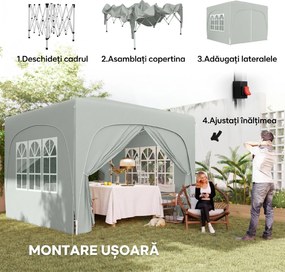 Outsunny Pavilion Pliabil cu Ferestre Laterale și Geantă de Transport, 300x300x273 cm, Gri Deschis | Aosom Romania