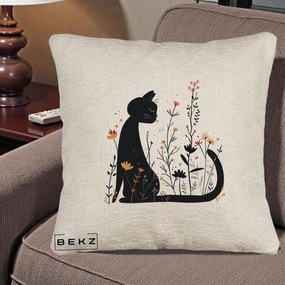 Perna Decorativa Pisica Neagra Flori Portocalii Silueta, 40x40 cm, Bej Canapea, Husa Detasabila, Perna Inclusa, BEKZ®