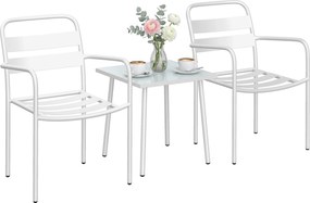 Outsunny Set bistro 3 piese, set mobilier metalic de grădină cu 2 scaune, masă din sticlă, design cu lamele, rezistent la rugină | Aosom Romania