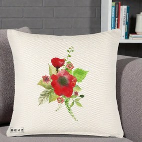 Perna Decorativa Buchet Rosu Acuarela, 40x40 cm, Crem Reliefat, Husa Detasabila, Perna Inclusa, BEKZ®