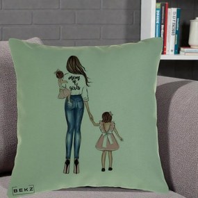 Cadou pentru Mama - Perna Personalizata Mom of Girls Mama cu Fetele, 40x40 cm, Verde, Husa Detasabila, Perna Inclusa, BEKZ®