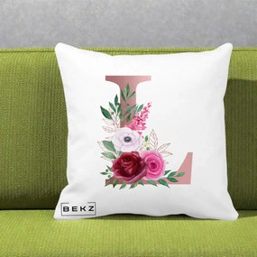 Cadou Personalizat - Perna Personalizata Monograma Rose Gold Litera L, 40x40 cm, Alba Mata, Husa Detasabila, Perna Inclusa, BEKZ®