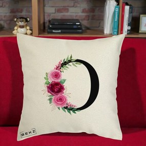Cadou Personalizat - Perna Personalizata Monograma Florala Litera O, 40x40 cm, Ecru, Husa Detasabila, Perna Inclusa, BEKZ®