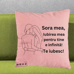 Cadou pentru Sora - Perna Personalizata Sora Mea Te Iubesc Imbratisare din Spate Line Art, 40x40 cm, Roz, Husa Detasabila, Perna Inclusa, BEKZ®