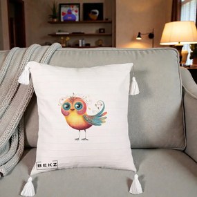Perna Decorativa Pasare Vibranta cu Aripi Ornamentale, 40x40 cm, Bej cu Franjuri, Husa Detasabila, Perna Inclusa, BEKZ®
