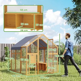 PawHut Coteț pentru găini 3,07 m² tarc exterior din lemn cu husă impermeabilă, încuietoare de siguranță, pentru 6-8 găini 1,7 x 1,8 x 1,8 m | Aosom Romania