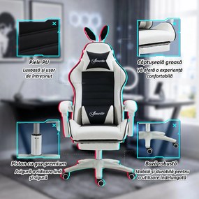 Vinsetto scaun gaming cu urechi de iepuraș, suport pentru picioare, perne, reclinabil și cu înălțime reglabilă, negru | Aosom Romania