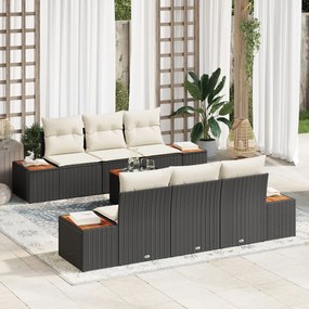 vidaXL Set de canapele de grădină 7 piese cu perne, negre, din rattan poliesteric și lemn de acacia