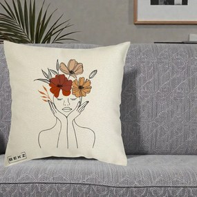 Perna Decorativa Portret Feminin Coroana Trei Flori, 40x40 cm, Ecru, Husa Detasabila, Perna Inclusa, BEKZ®