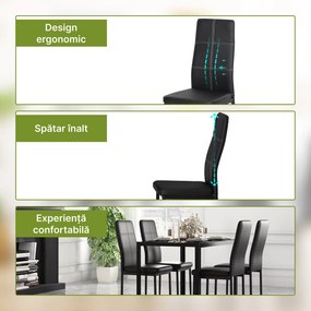 Homcom Set Masa de Luat Masa cu 4 Scaune Tapitate, Design Modern pentru Sala de Mese, Metal Sticlă PU, Negru | Aosom Romania