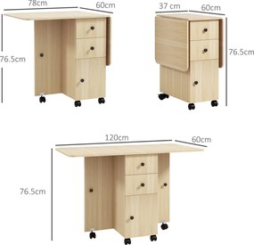 HOMCOM Masă de Bucătărie Pliabilă, Masă Rabatabilă cu Roți și Frâne pentru 6 Persoane, Birou Pliabil cu 2 Sertare și Dulap, pentru Living, 120x60x76.5 cm, Lemn Natural | Aosom Romania