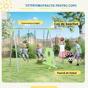AIYAPLAY Leagăn de Grădină 3 în 1 pentru Copii 3-8 Ani cu Coș de Baschet și Poartă de Fotbal, 238x180x182 cm, Verde | Aosom Romania