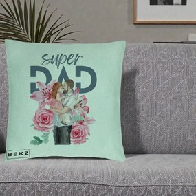 Cadou pentru Tata - Perna Personalizata Super Dad Tata cu Fetita si Flori, 40x40 cm, Verde Menta, Husa Detasabila, Perna Inclusa, BEKZ®