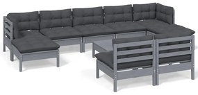 Set mobilier gradina cu perne, 10 piese, gri, lemn de pin Gri, 10
